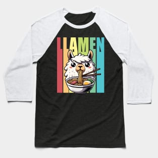 Llamen Cute Llama Eating Ramen Baseball T-Shirt